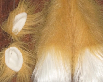Fantasia de cosplay de raposa dourada macia, caudas Sonic Prower, orelhas de pele sintética e caudas duplas de 10", 15" ou 30" ou conjuntos = orelhas e cauda