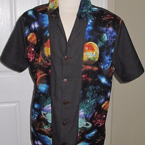 Black Galaxy Planets Stars Print Aloha Short Sleeve Button Down Unisex Shirt XS - 5XL