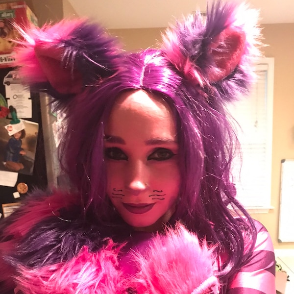 Cheshire cat pink/purple striped shag faux fur ears, tail, sold separately or as a set Costume accessories