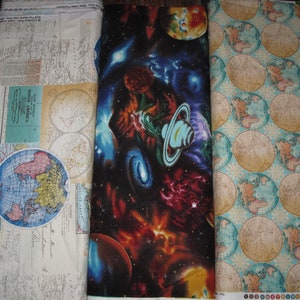 Planetas, mapas, globos, impresiones de sol y luna 100% tela de algodón acolchado vendida por cuarto, media yarda o yarda completa
