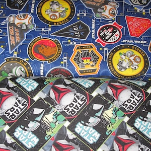 Star Wars Mando-affischer och Star Wars-tygmärken i bomullstyg säljs per kvarts-, halv- eller helmeter.