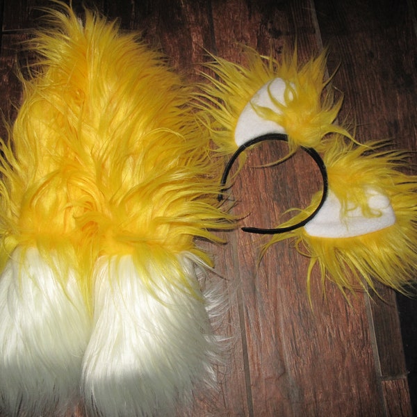 Sonic Yellow Fox shag faux fur ears, double tails in 2 sizes, costume prop in 2 sizes