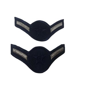 Pode incluir: Dois patches bordados em azul marinho. Cada patch apresenta um design circular central com uma estrela, ladeado por asas angulares com acabamento cinza prateado. Provavelmente são insígnias militares ou de serviço.