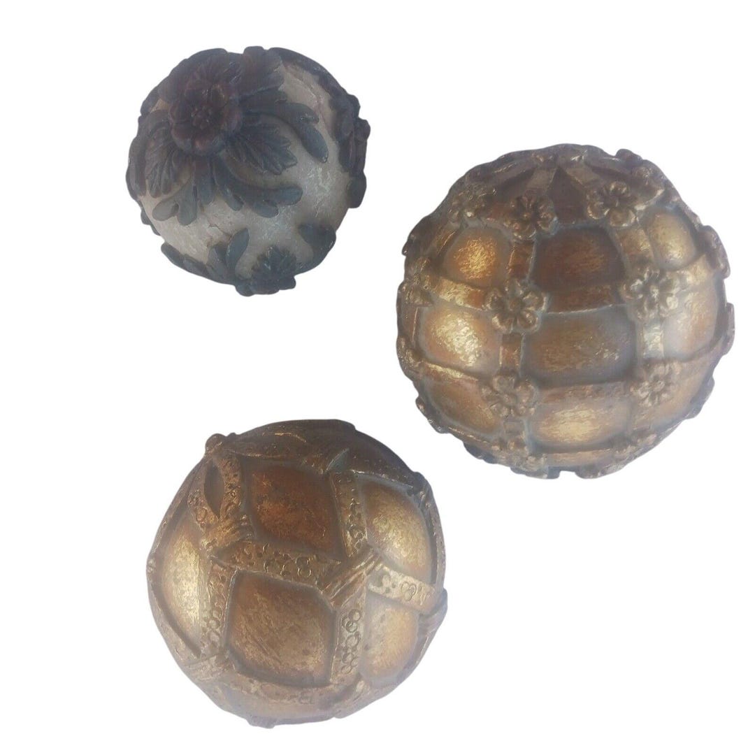 Set/3 Decorative Orbs Metal Floral Accent Balls Gold Bronze Decor 3 ...