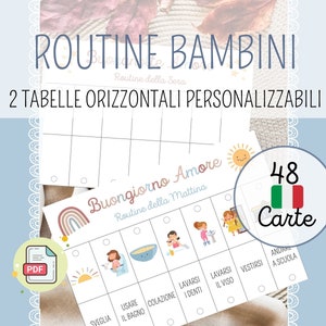 May include: Two printable charts for children's daily routines, one for morning and one for evening. Each chart features colourful illustrations and checkboxes for completing tasks like waking up, getting dressed, and brushing teeth. The charts are titled "Buongiorno Amore" and "Routine della Sera" in Italian.