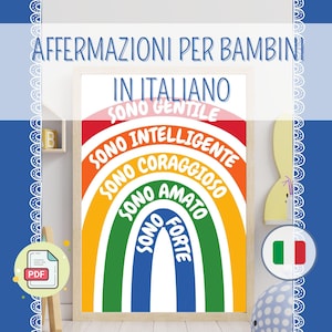 Poster motivazionale per bambini in italiano, Frasi di affermazione positiva, Arte murale di affermazione arcobaleno, decorazione cameretta.