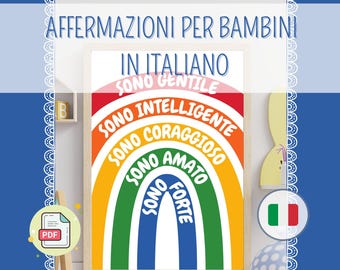 Poster motivazionale per bambini in Italiano, Frasi di affermazione positiva, Arte murale di affermazione arcobaleno, decorazione cameretta.