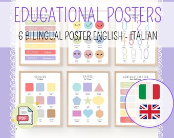 Poster educativo bilingue, apprendimento dell'inglese italiano, stampabili homeschool, arredamento della sala giochi per bambini, poster Montessori, download digitale,