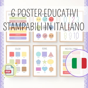 Op de afbeelding: Zes printbare educatieve posters in het Italiaans. De posters bevatten kleurrijke illustraties van dagen van de week, emoties, getallen, kleuren, vormen en maanden van het jaar.