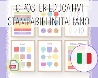 Poster Educativi per Bambini stampabili in Italiano – Impara: Numeri, Colori, Forme, Emozioni, Giorni della Settimana e Mesi.