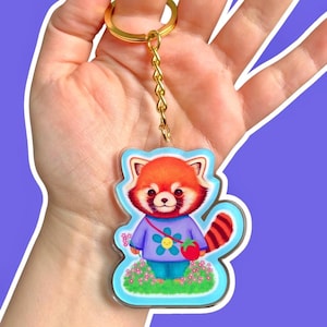 Cute red panda acrylic keychain - recycled acrylic - double sided - gold metal - red panda lover gift