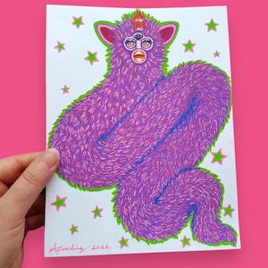 Illustration originale d'Halloween Long Furby - art nostalgie des années 90 - jouet effrayant - stylos Posca sur papier - Drawloween 2022 - « effrayant poilu »