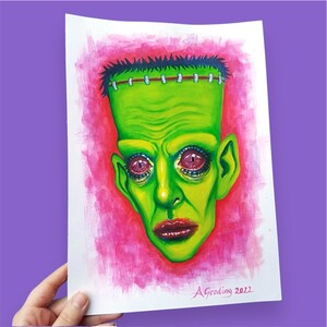 Frankensteins Monster Classic Horror Painting - Dark Artwork - Gothic Decor - Halloween - Spooky Art - Acrylic Paint - FREE PRINT + STICKER