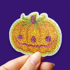 Autocollant citrouille pailleté imperméable pour Halloween | Saison des frissons | Décorez vos gourdes, ordinateurs portables, tablettes, carnets, etc.