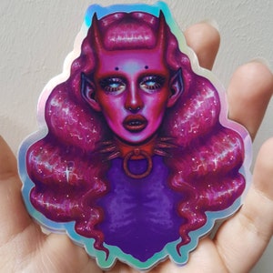 Die Cut Waterproof Holographic Sticker - Devil girl - Dark Artwork - Vinyl Decal for Phones, Water Bottles, Laptops, Skateboards, bikes etc