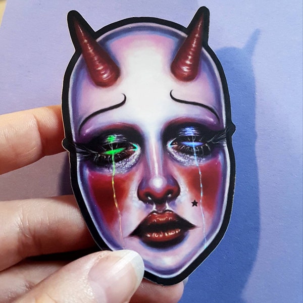 Holographic Shiny Tears Vinyl Sticker - Waterproof - Dark Artwork - Crying Sad Devil Girl  - for Laptops, Water Bottles, Phone Cases Etc