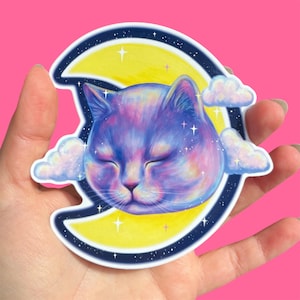 Large cute cat sticker - Sleepy dreamy moon kitty - Die cut glossy vinyl - cat lover - for water bottles, laptops, notebooks etc