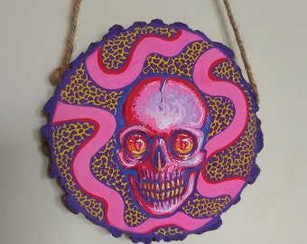 Funky Skull on hanging wooden slice - Original piece - Posca pens - Pop surrealist wall decor - Creepy colourful artwork