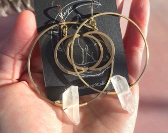 Raw Quartz Hoops | Clear Quartz Statement Earrings | Crescent Moon Crystal Earrings | Celestial Gemstone Festival Hoops