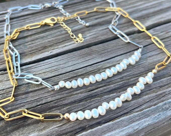 Paperclip Chain & Freshwater Pearl Choker