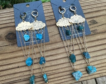 Long Blue Apatite & Cloud Crystal Gemstone Dangle Earrings