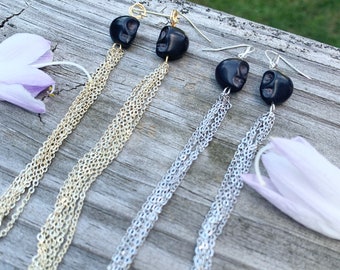Black Howlite Skull Fringe Earrings | Goth Glam Birthday Gift | Long Chain Tassel Skull Dangle Earrings | Unique Elegant Jewelry