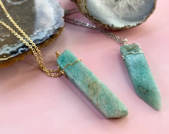 Raw Amazonite Pendant Necklace | Minimalist Crystal Statement Adjustable Chain | Light Green Throat Chakra Boho Style Gemstone