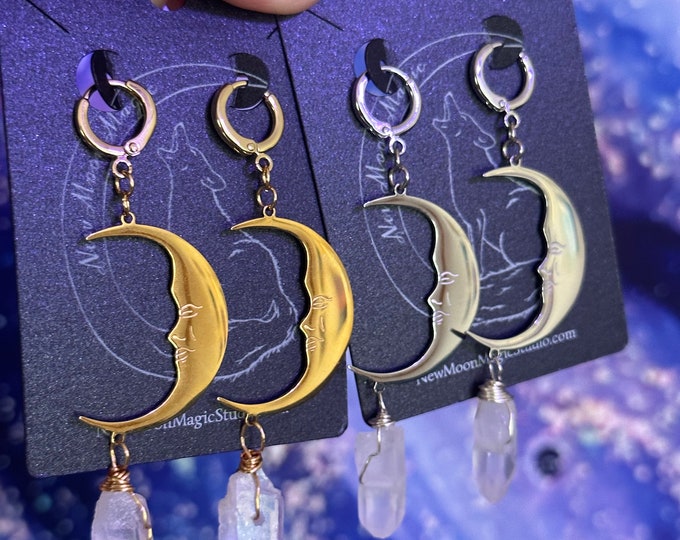 Clear Quartz Aura Quartz Crystal Moon Face Earrings | Pendant Quartz Statement Dangles | Moon Face Charm | Celestial Festival Jewelry