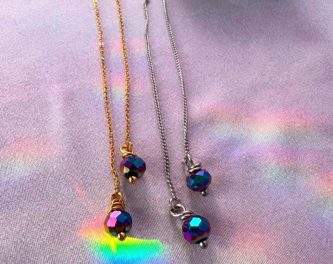 Iridescent Beaded Threader Earrings | Pull Through Chain Earrings | Colorful Lightweight  Threaders