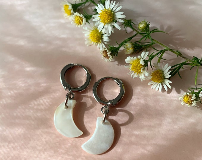 Mother of Pearl Crescent Moon Huggie Hoops