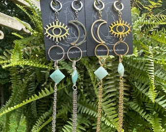 Long Amazonite Moon & Eye Tassel Earrings | Artisan Handmade Dangles