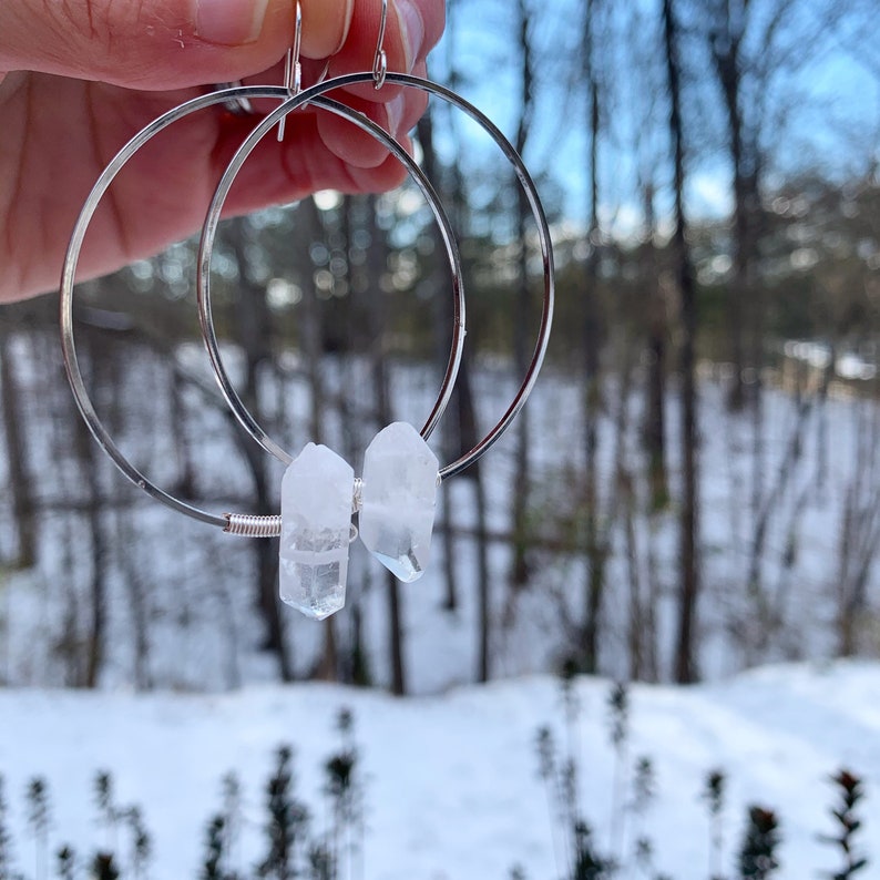 Minimalist Raw Quartz Hoop Earrings Simple Lightweight Gemstone Earrings Handmade Clear Quartz Crystal Hoops image 7