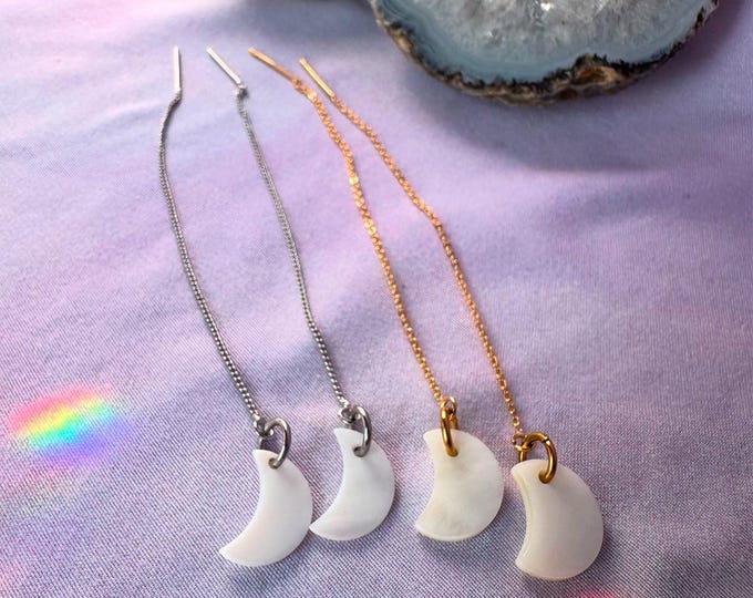 Mother of Pearl Moon Threader Earrings | Pull Through Chain Crescent Earrings | Lightweight Celestial Threaders