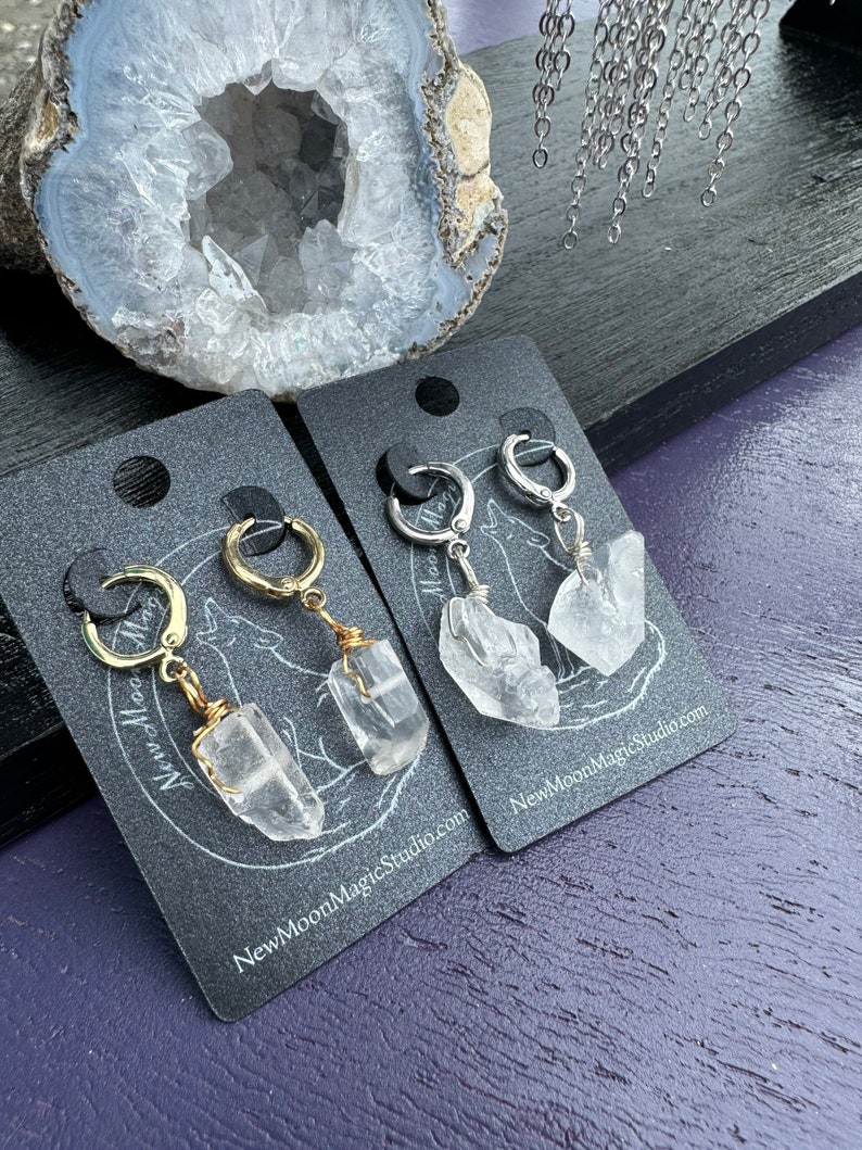 Clear Quartz Crystal Huggie Hoop Earrings image 2