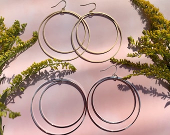 Double Hoop Earrings | Silver or Gold Hoops | Large Statement Hoop Earrings