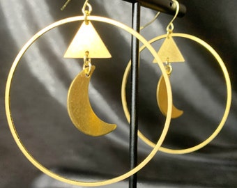 Crescent Moon & Triangle hoops, brass hoops
