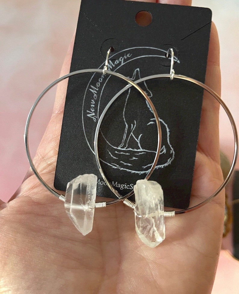 Minimalist Raw Quartz Hoop Earrings Simple Lightweight Gemstone Earrings Handmade Clear Quartz Crystal Hoops image 2