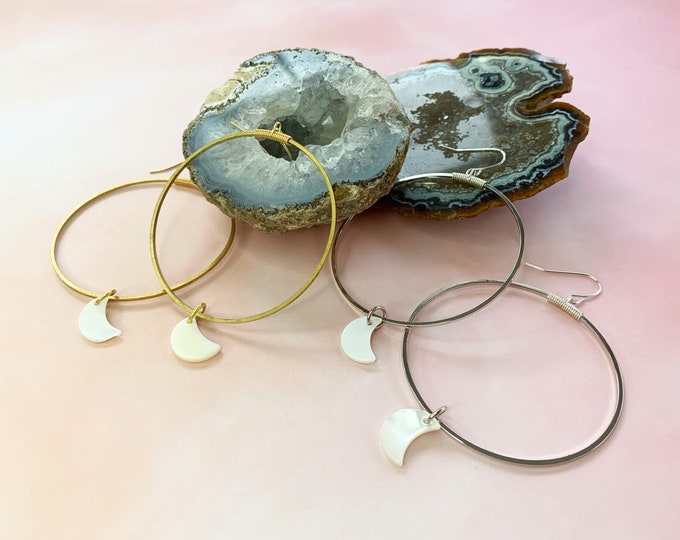 Mother of Pearl Moon Hoops