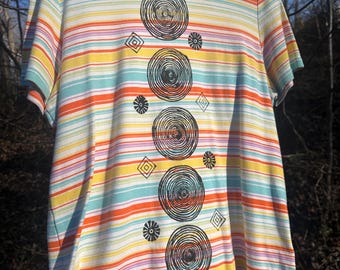 Upcycled block printed striped t shirt