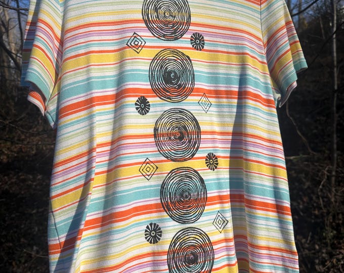 Upcycled block printed striped t shirt