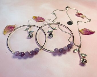 Lepidolite and Rose Charm Jewelry Gift Set | Necklace and Hoop Earring Bundle | Gemstone Earrings | Elegant Zodiac Jewelry | Self Love Gift