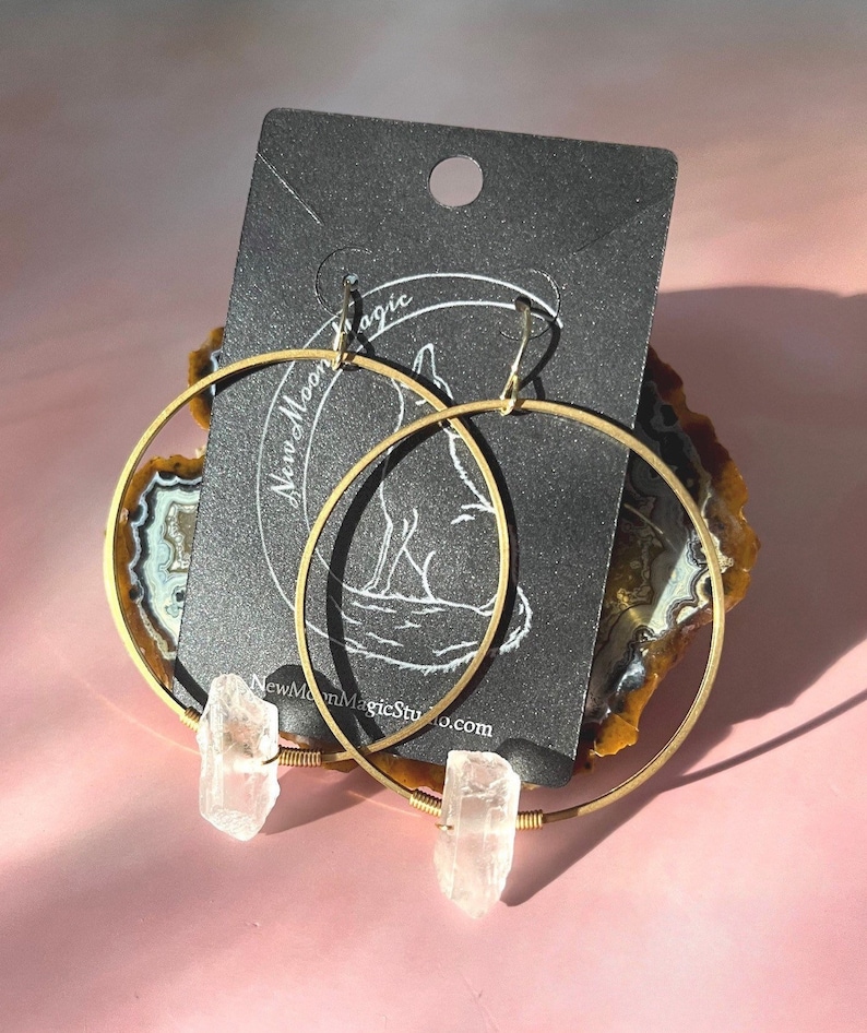 Minimalist Raw Quartz Hoop Earrings Simple Lightweight Gemstone Earrings Handmade Clear Quartz Crystal Hoops image 1