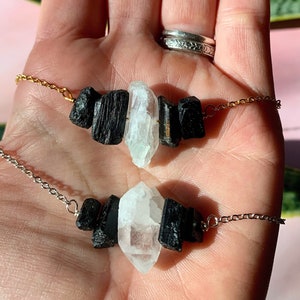 Black Tourmaline & Raw Quartz Adjustable Necklace