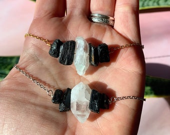 Black Tourmaline & Raw Quartz Adjustable Necklace | Tourmaline Gemstone Choker | Gemstone Layering Necklace