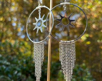 Feathered Chain Fringe Hoop Earrings | Lightweight Sun Dangle Statement Hoops