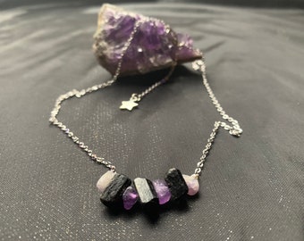 Black Tourmaline & Amethyst Crystal Choker | Adjustable Boho Gemstone Choker Necklace | Black Tourmaline Amethyst Jewelry |