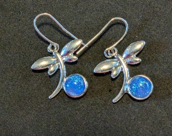 Sterling Silver Dragonfly Earrings: Blue Dichroic Fused Glass