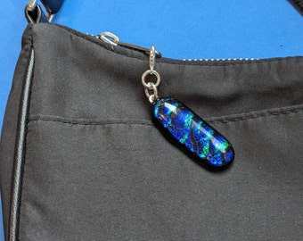 Zipper Pull/Zipper Charm:  Long blue and green dicroic glass charm---Item Z99