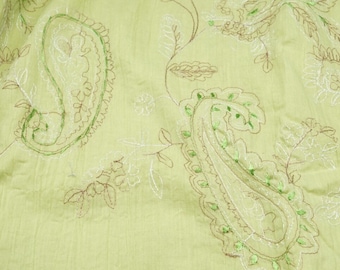 Embroidered Crinkled Cotton Fabric; Floral Paisley Pattern; Light Green Color; 76" x 48", 2 Yards, Previously Owned