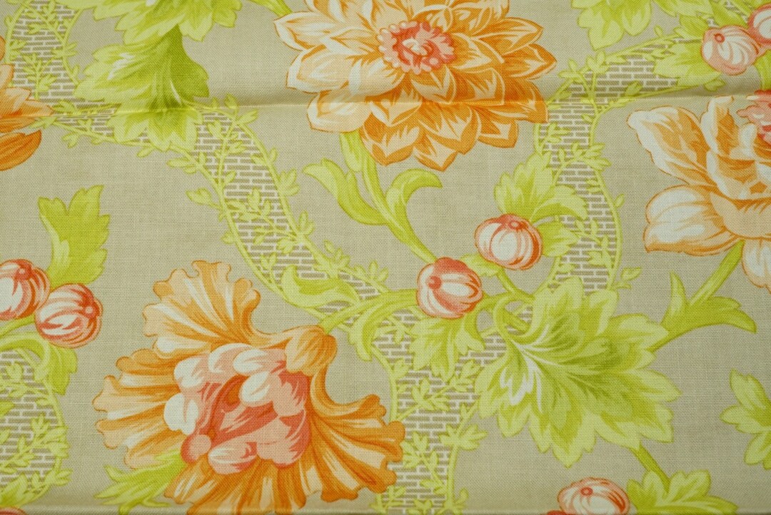 Cotton Quilting Fabric Floral Pattern Peach and Green Colors Fat